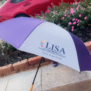 L.I.S.A. Signature Collection umbrella, purple and white with butterfly logo